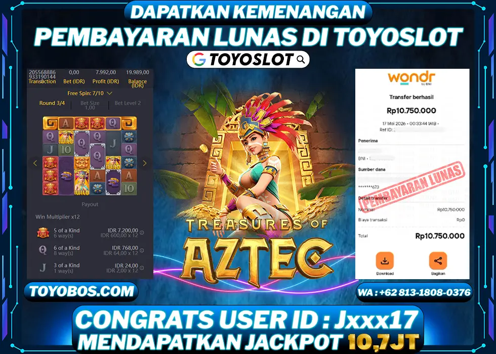 TOYOSLOT - BUKTI KEMENANGAN Treasure of Aztec Rp10,700,000,- LUNAS
